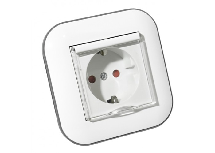 Розетка одинарная с заземлением с крышкой и шторками LOFT белый+серый